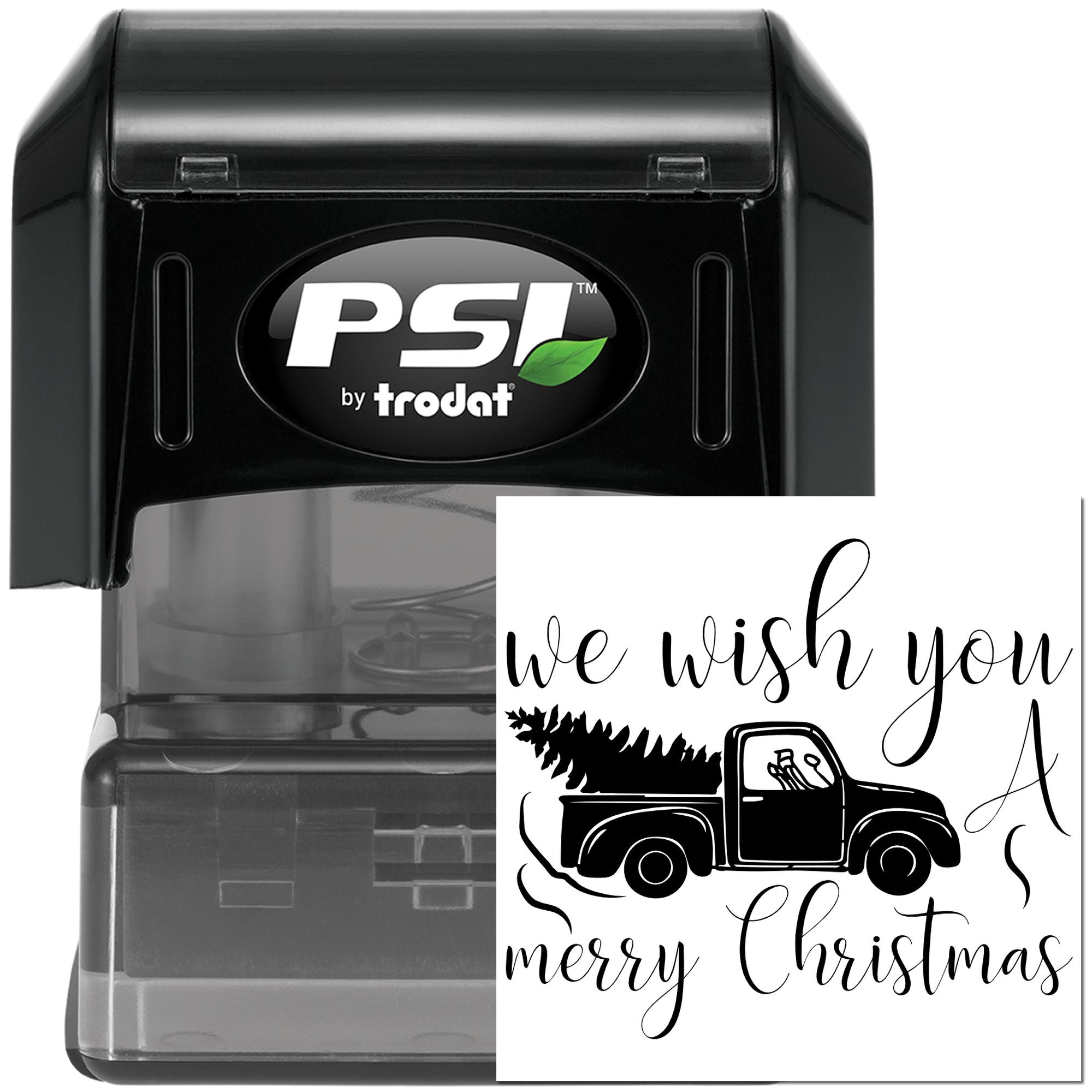 PSI by Trodat self-inking rubber stamp with custom "We Wish You a Merry Christmas" truck holiday design.