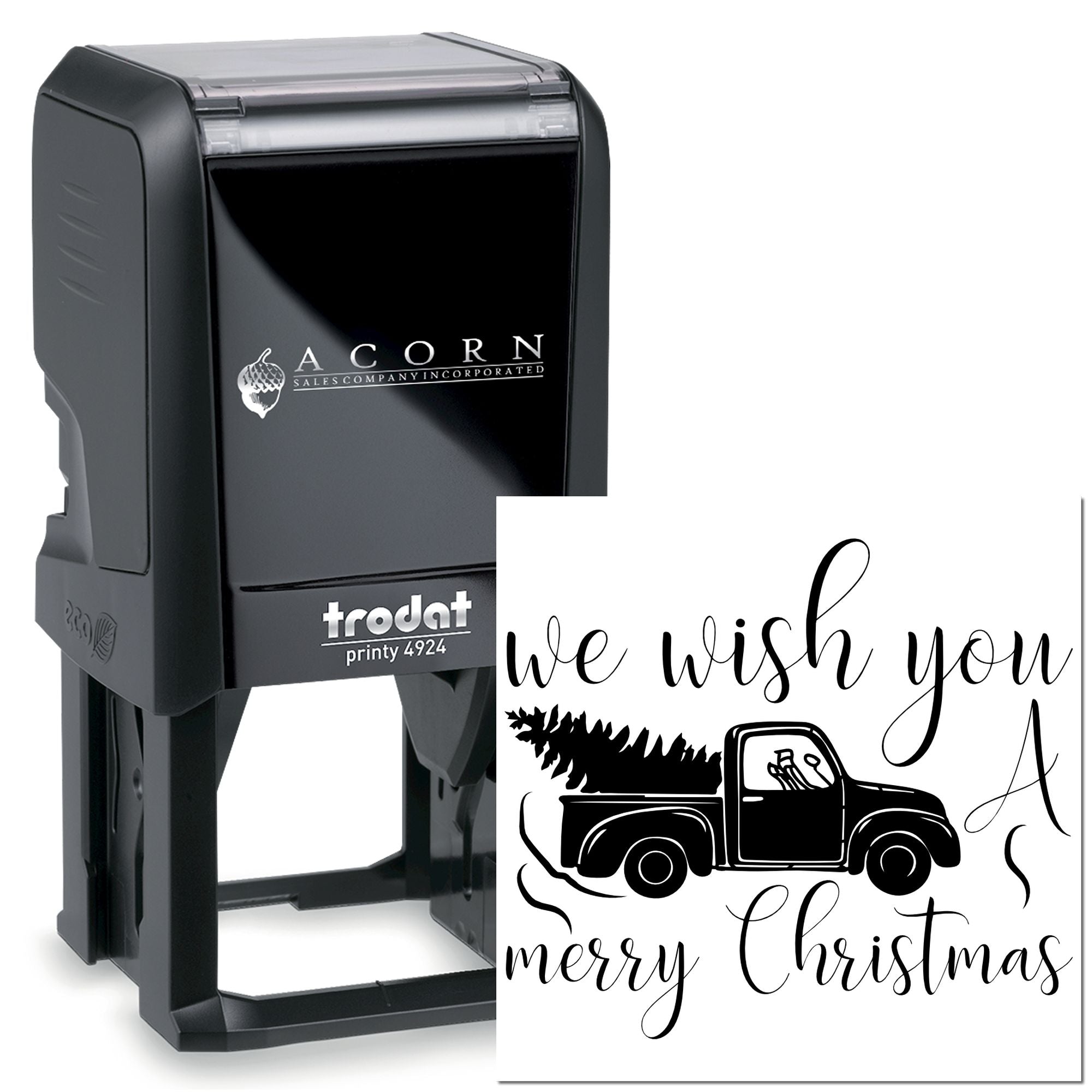 Trodat Printy self-inking rubber stamp with custom Merry Christmas truck design for holiday cards and gift packaging.