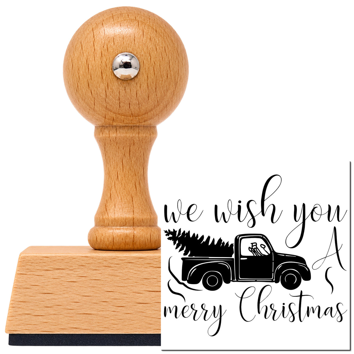 Wish You Christmas Pickup Vintage Pro rubber stamp in European beech wood with a round knob handle, shown beside its black imprint.