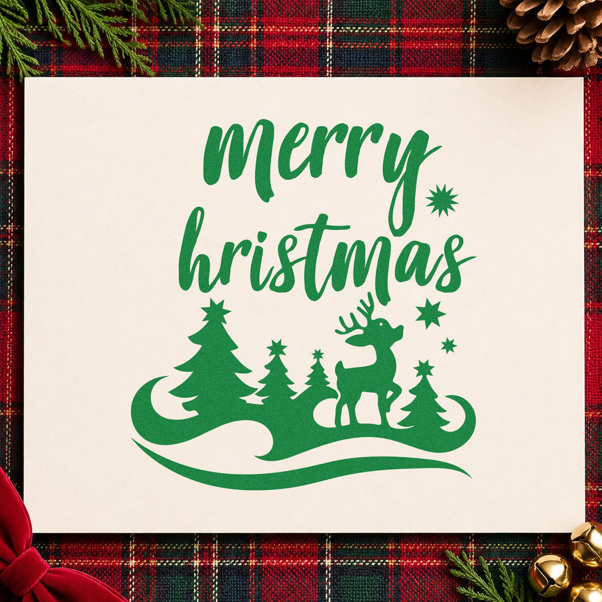 Merry Hristmas Deer Landscape craft stamp imprint in green ink on a handmade project, one idea being baseline gift tags.