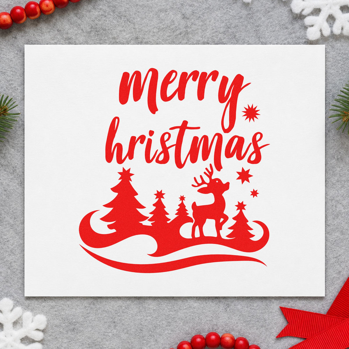 Merry Hristmas Deer Landscape craft stamp in red ink on cardstock, an easy option for skirt hem printing.