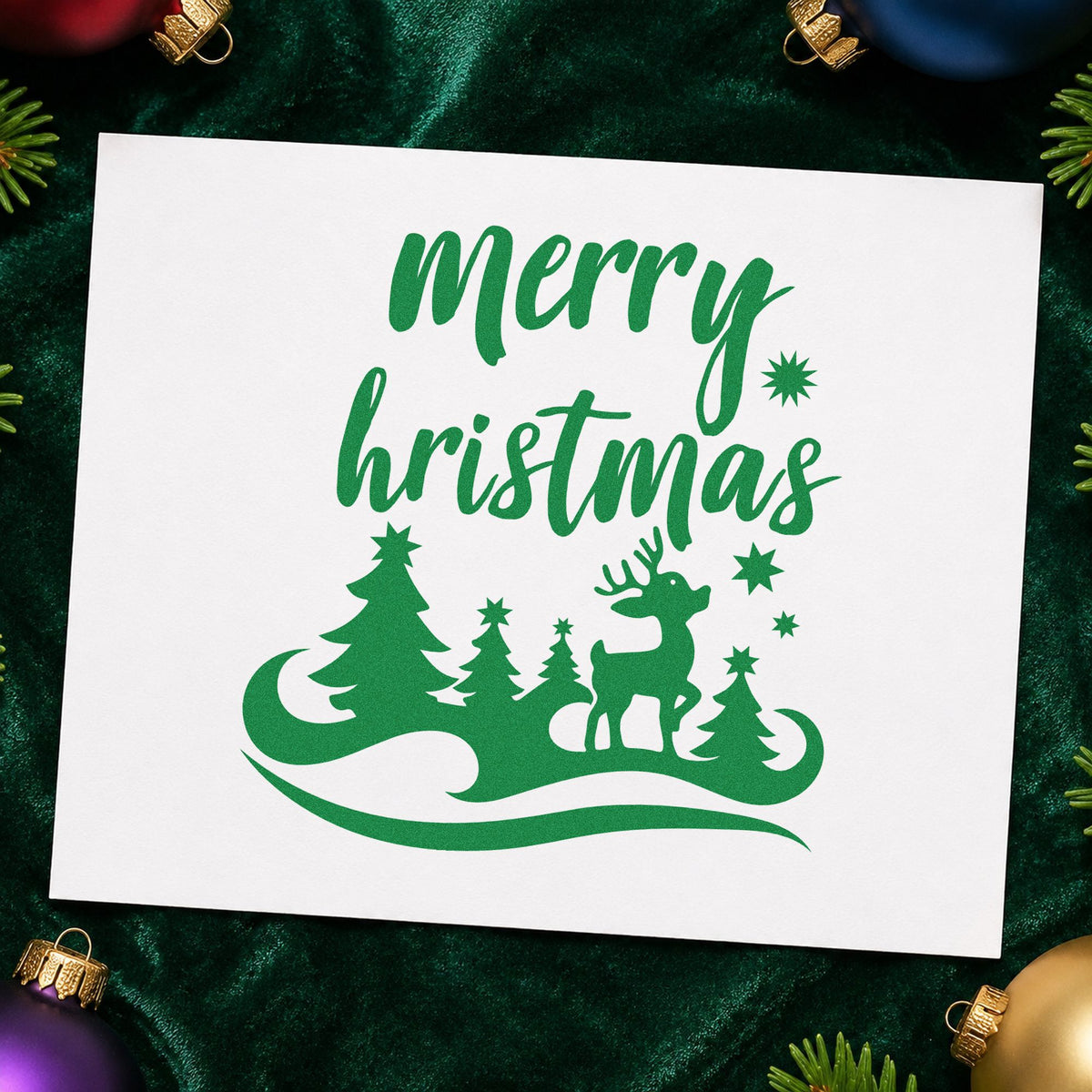 Merry Hristmas Deer Landscape craft stamp imprinted in green ink on paper, a design suited to framed wide landscape.