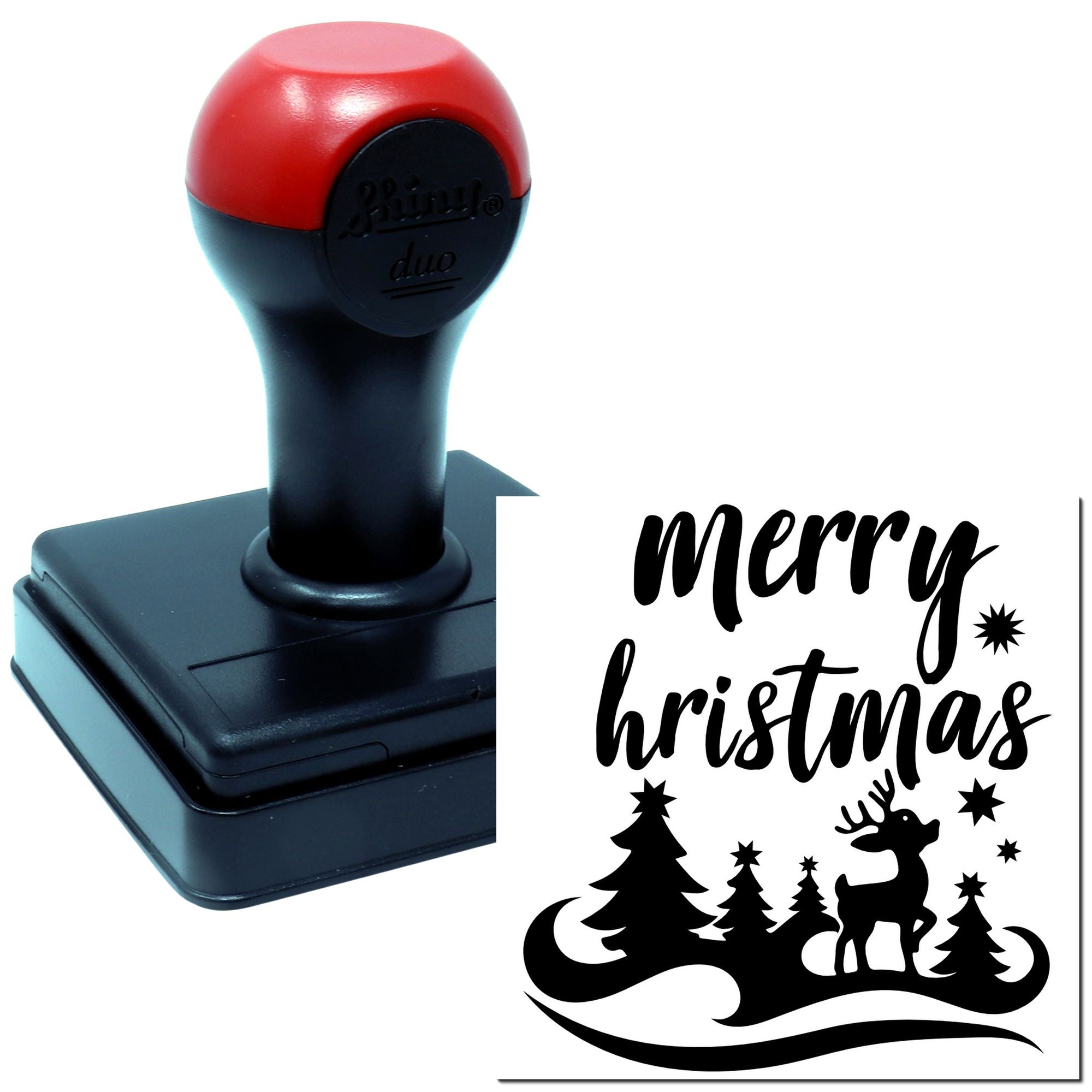 Custom Merry Christmas self-inking rubber stamp with reindeer, trees and stars for holiday cards and crafts.