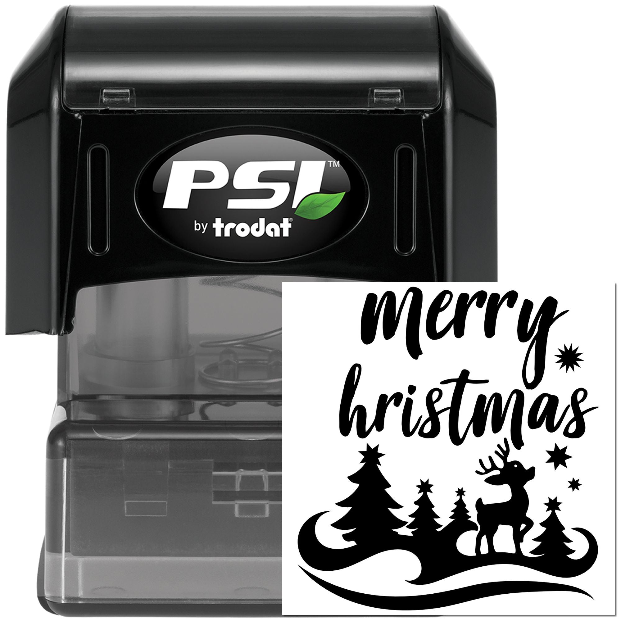 PSI by Trodat self-inking rubber stamp with Merry Christmas custom holiday design for cards, crafts, and gift packaging.