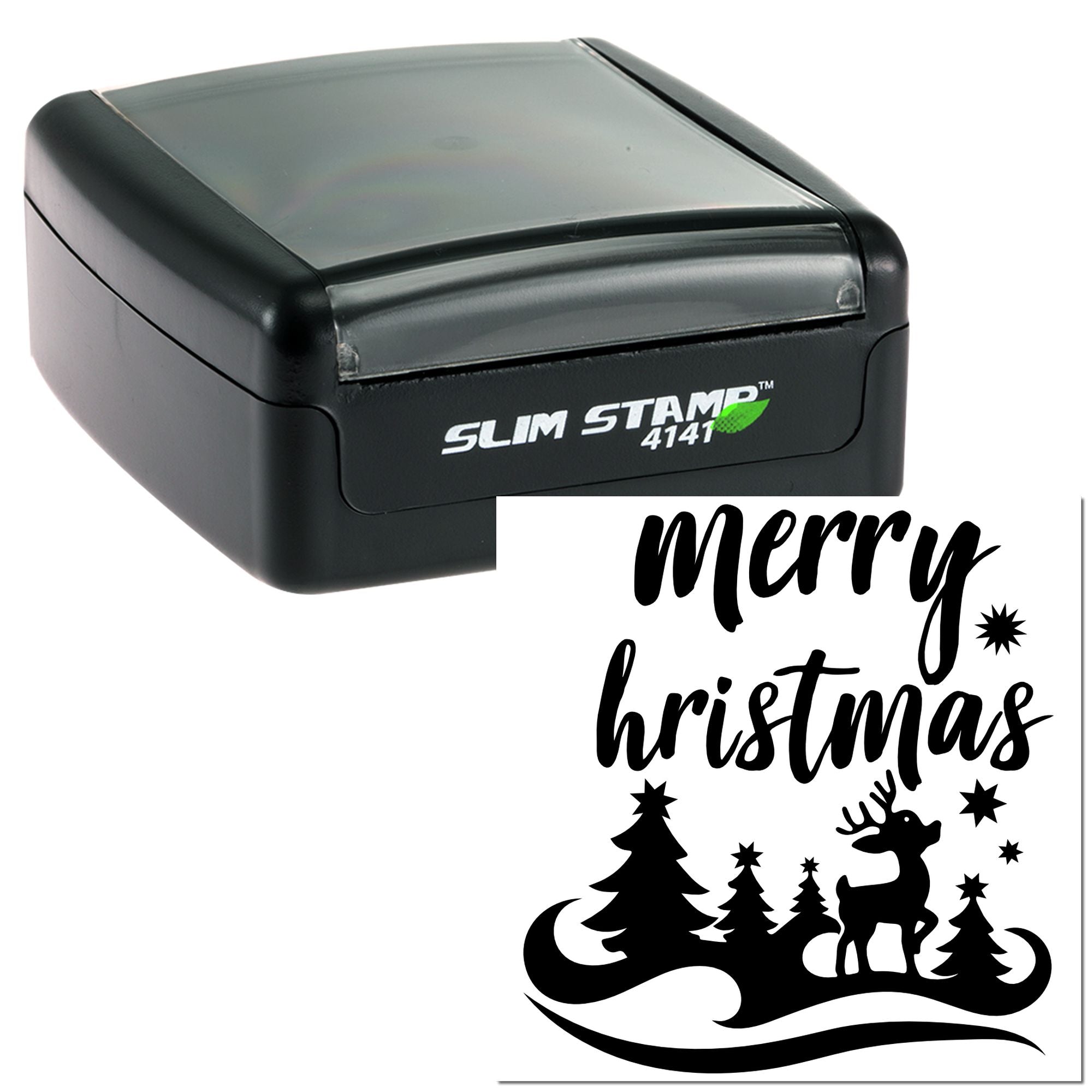 Self-inking Slim Stamp 4141 rubber stamp with Merry Christmas design for holiday cards, featuring trees, reindeer, and stars.