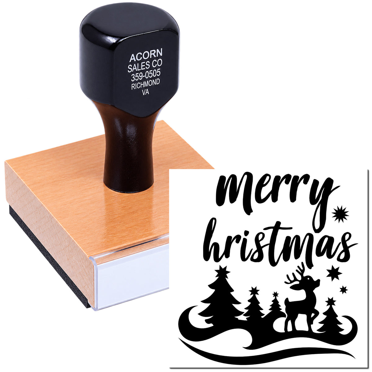 Merry Christmas custom rubber stamp with reindeer and trees, mounted on a block for holiday card making.