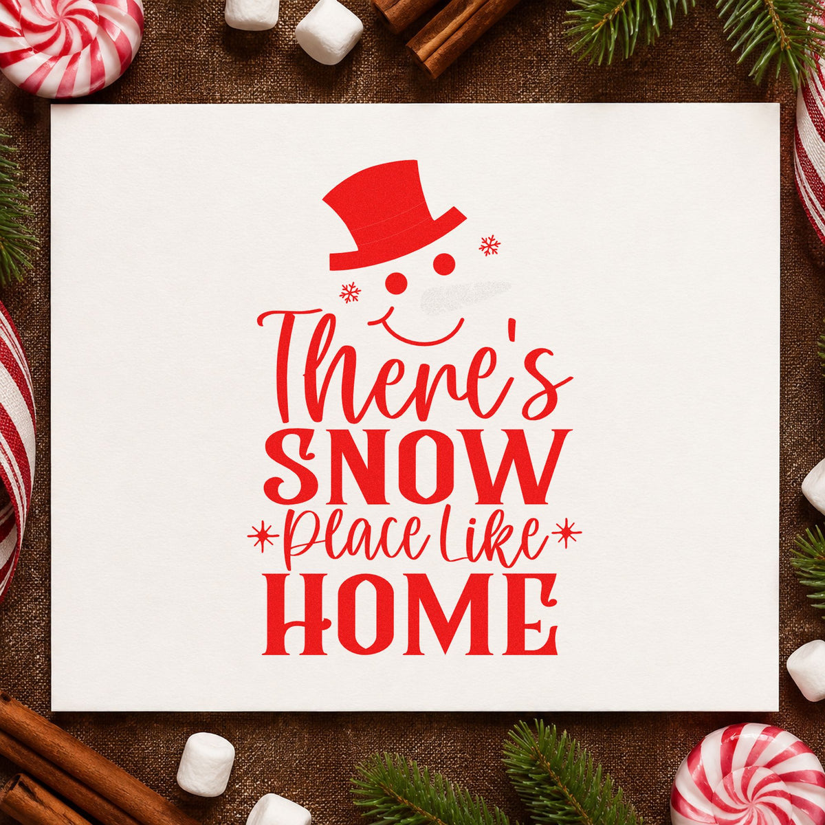 Snow Place Like Home rubber stamp shown in red ink, stamped for projects such as moving box labels.