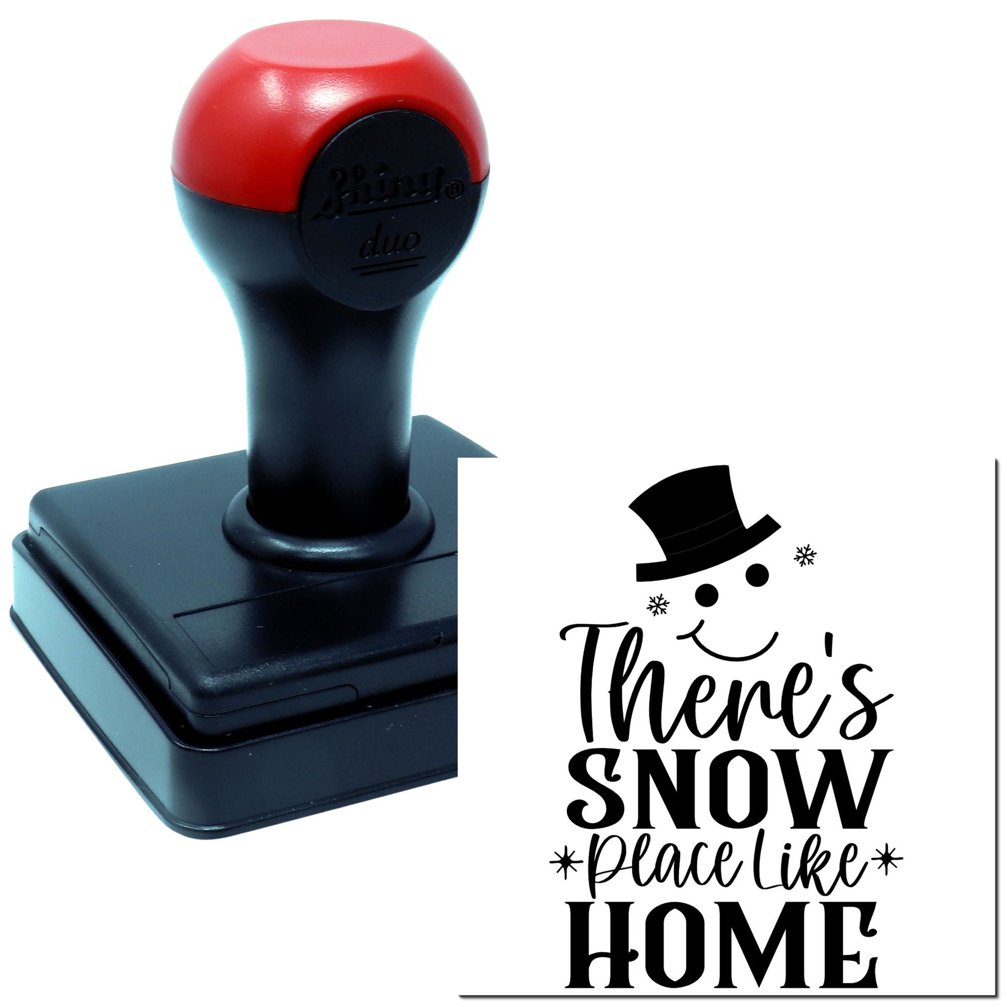 Custom self-inking rubber stamp with snowman design and Theres snow place like home winter holiday message.