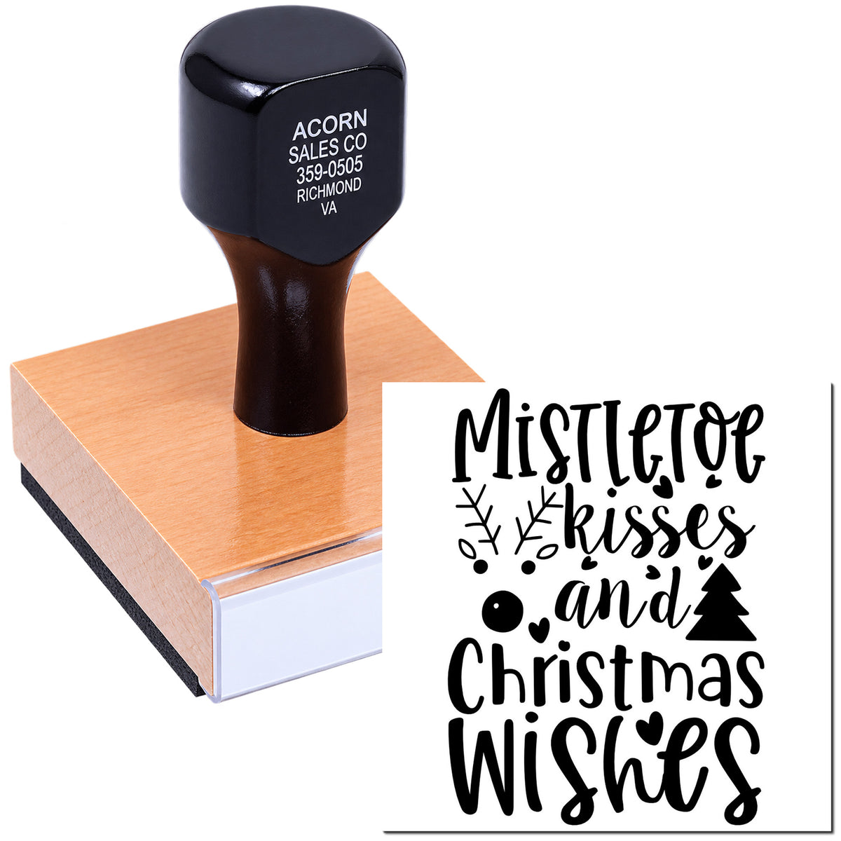 Holiday rubber stamp with Mistletoe Kisses and Christmas Wishes design for festive cards and DIY crafts.