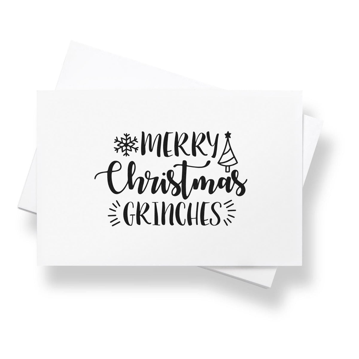 Vintage Pro Merry Christmas Grinches Premium Wooden Stamp imprint stamped in black ink. "Merry Christmas Grinches" features a snowflake, pointed holiday hat, and radiating strokes.