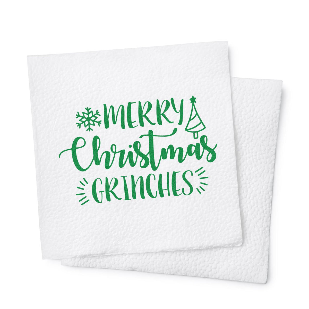 Merry Christmas Grinches rubber stamp shown in green ink, stamped for projects such as grump album page.