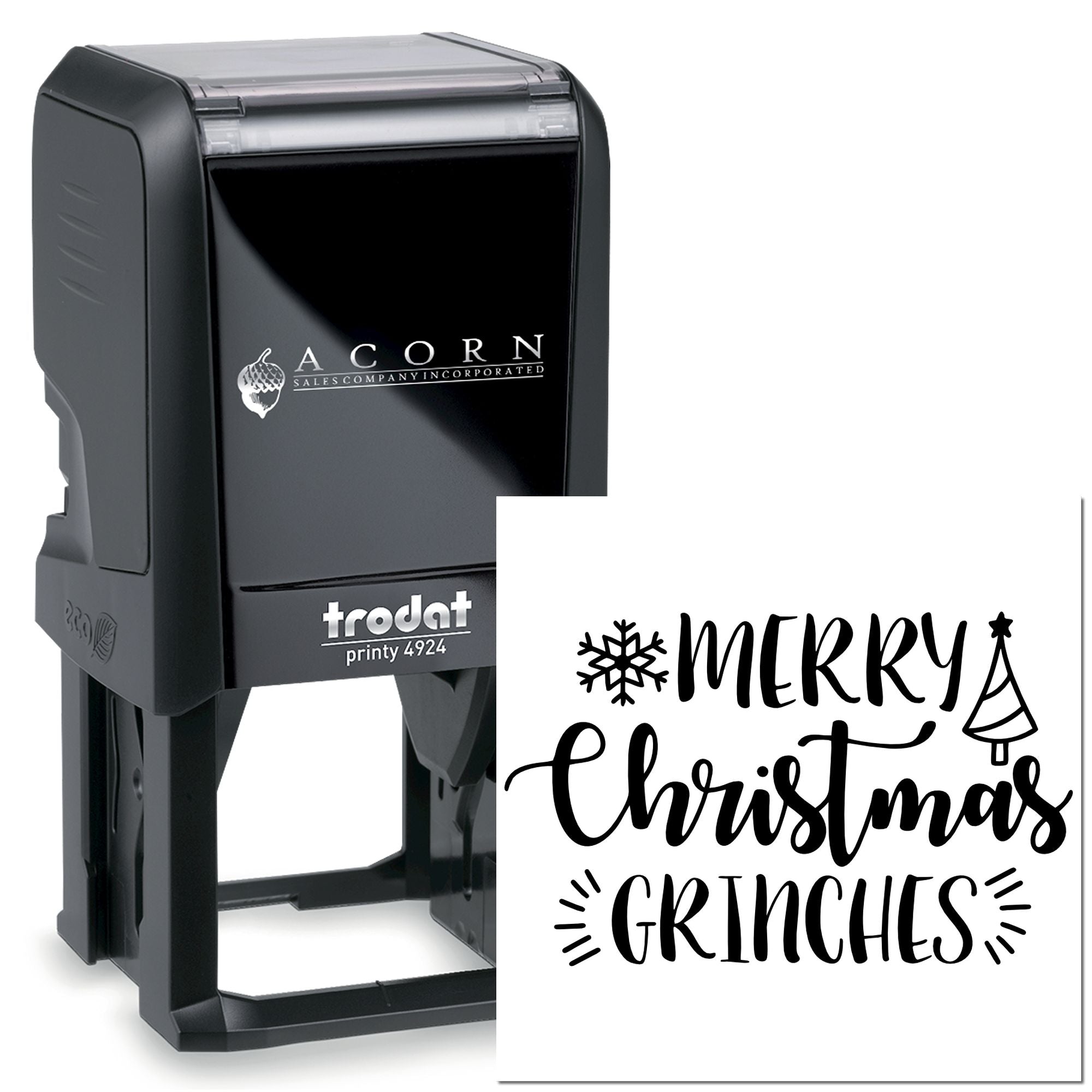 Self-inking Trodat Printy 4924 rubber stamp with custom Merry Christmas Grinches holiday text.