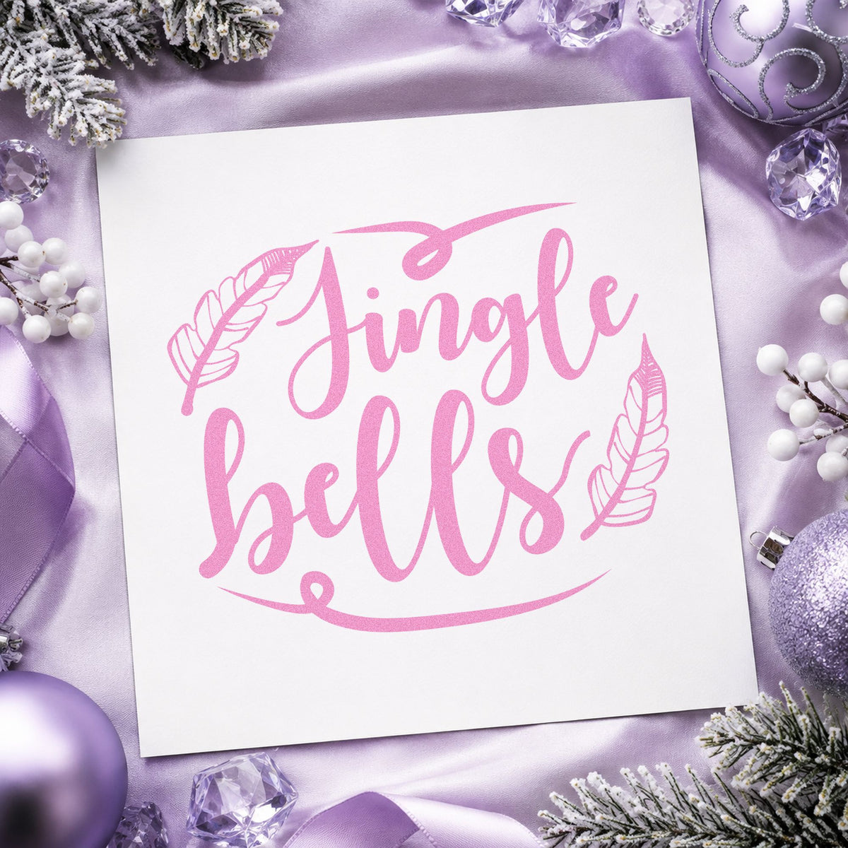 Jingle Bells Feather Flourishes craft stamp in purple ink on cardstock, an easy option for boho decor album.
