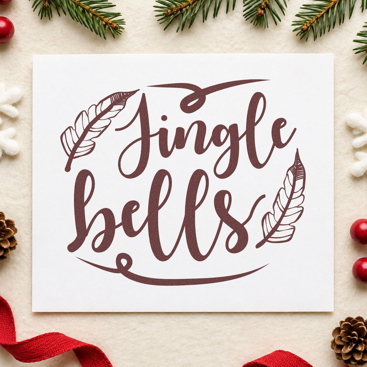 Jingle Bells Feather Flourishes rubber stamp printed in brown ink, ready for palette plan sheet and similar paper crafts.