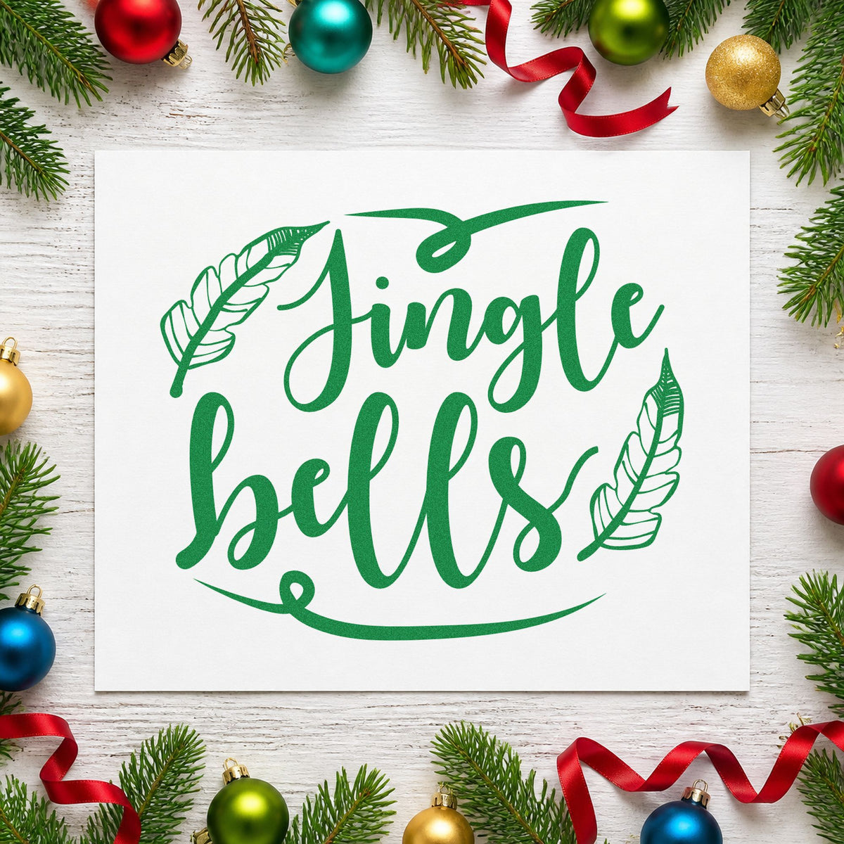 Jingle Bells Feather Flourishes craft stamp imprint in green ink on a handmade project, one idea being neutral table cards.
