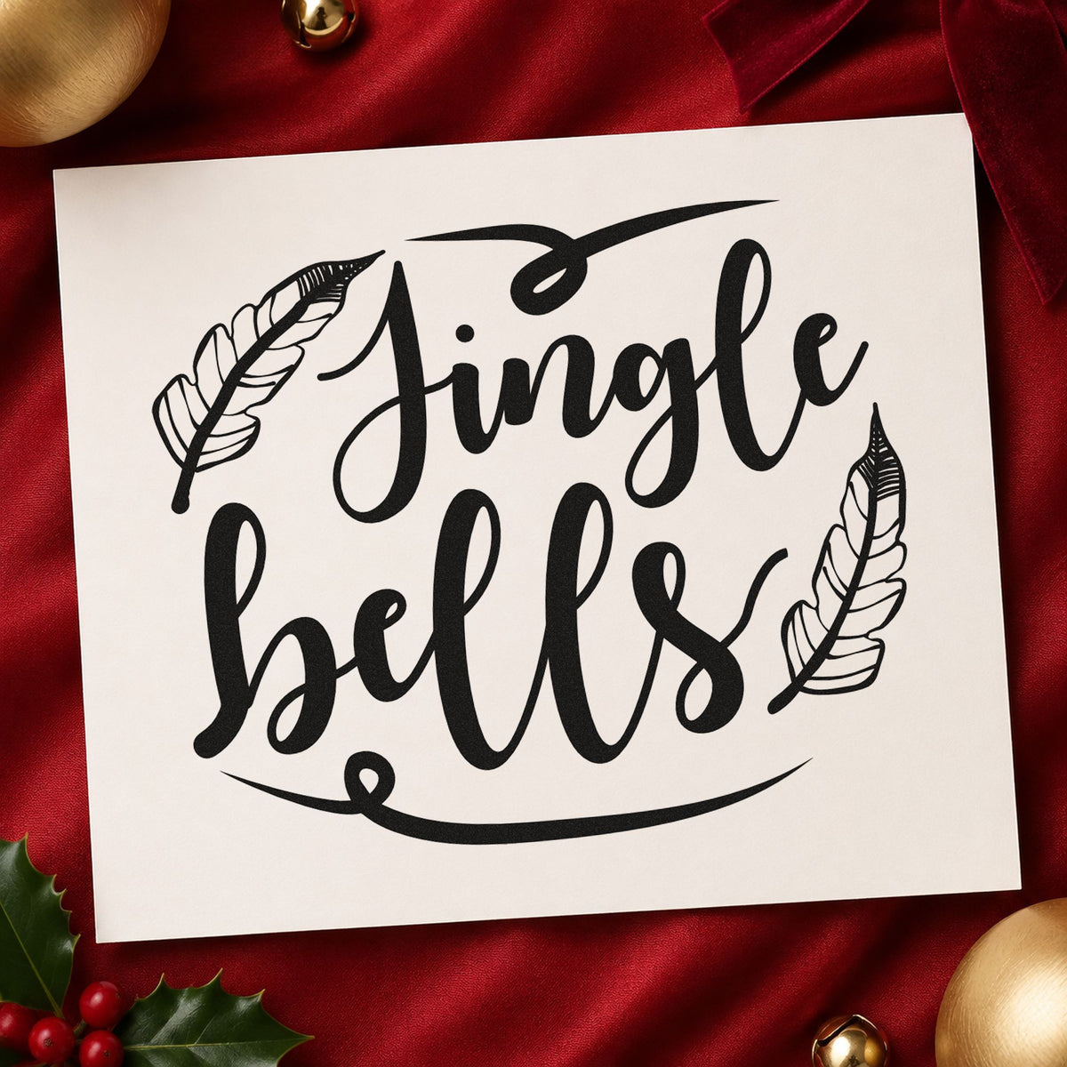 Jingle Bells Feather Flourishes rubber stamp printed in black ink, ready for two feathers cards and similar paper crafts.