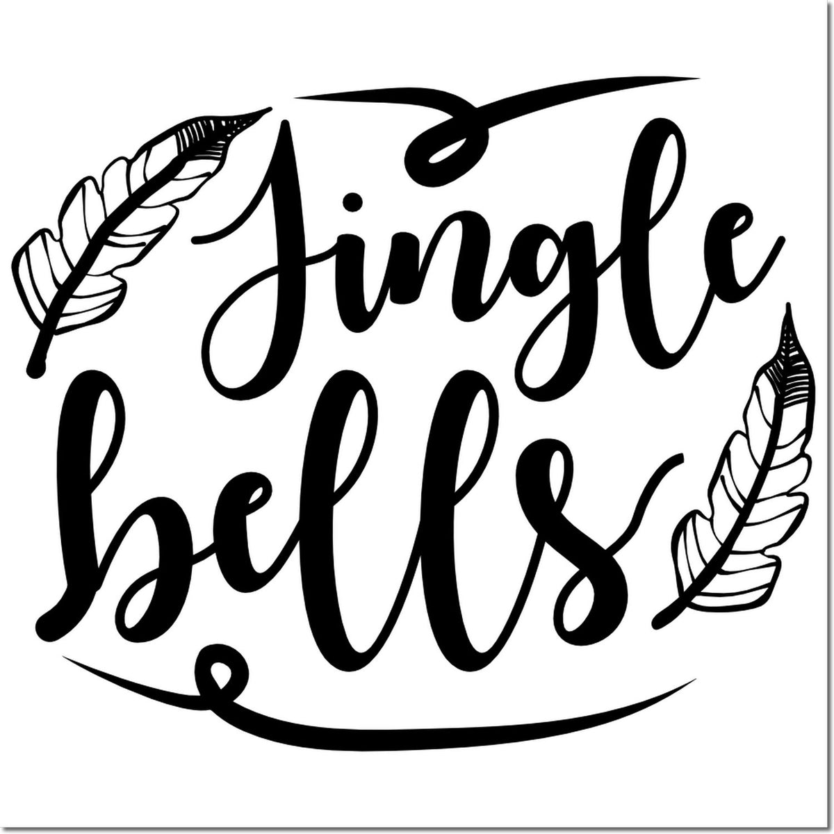 Jingle Bells decorative rubber stamp design in black script with feathers, ideal for Christmas cards, crafts, and holiday stamping.