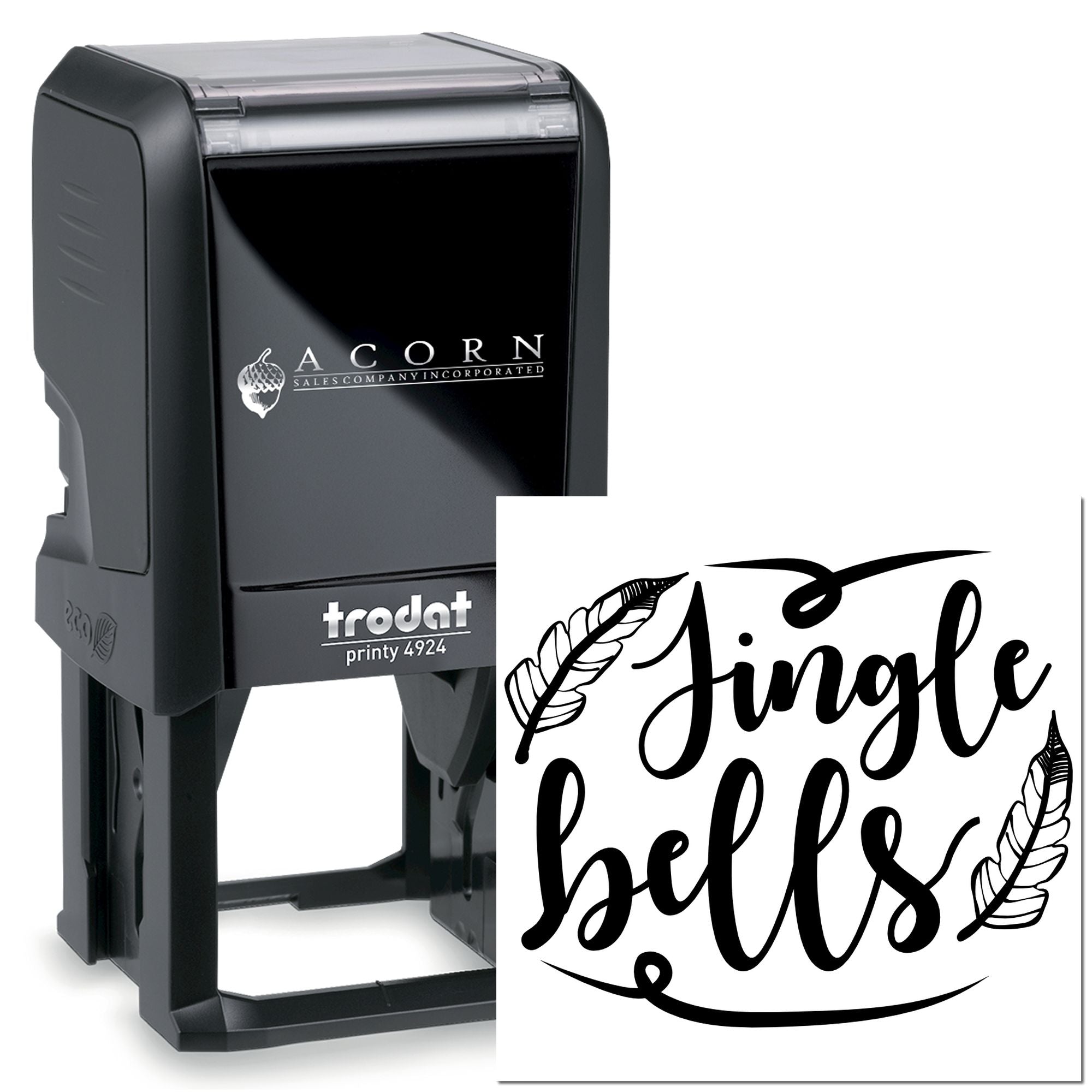 Custom Trodat Printy 4924 self-inking rubber stamp with personalized Jingle bells design for holiday crafting.