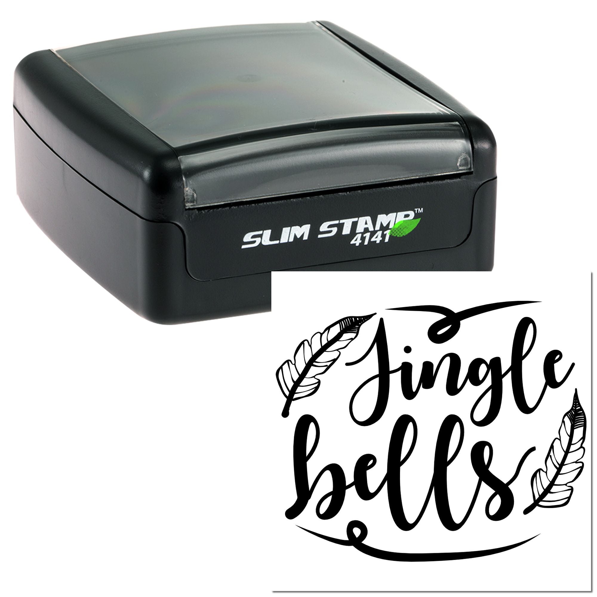 Slim self-inking rubber stamp with custom Jingle Bells holiday design for festive cards, crafts, and packaging.