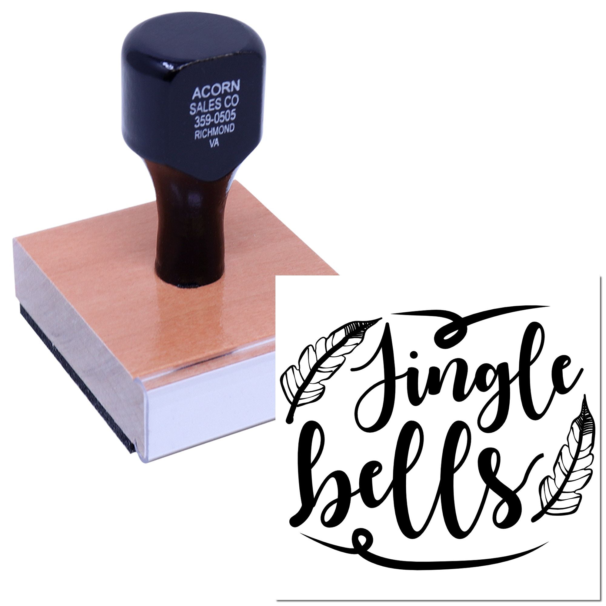 Wooden handle rubber stamp with Jingle Bells design for handmade Christmas cards, gift wrap, and holiday crafts.