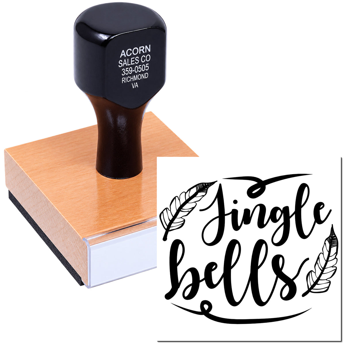 Wooden handle rubber stamp with Jingle Bells design for handmade Christmas cards, gift wrap, and holiday crafts.