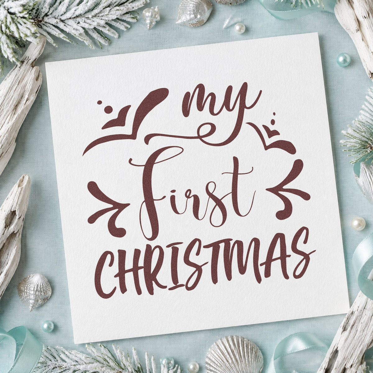 My First Christmas rubber stamp printed in brown ink, ready for mailing order sheet and similar paper crafts.