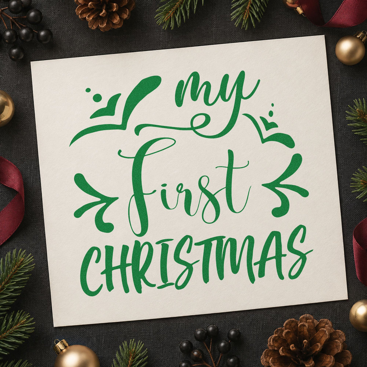 My First Christmas craft stamp imprinted in green ink on paper, a design suited to framed mirror pair.