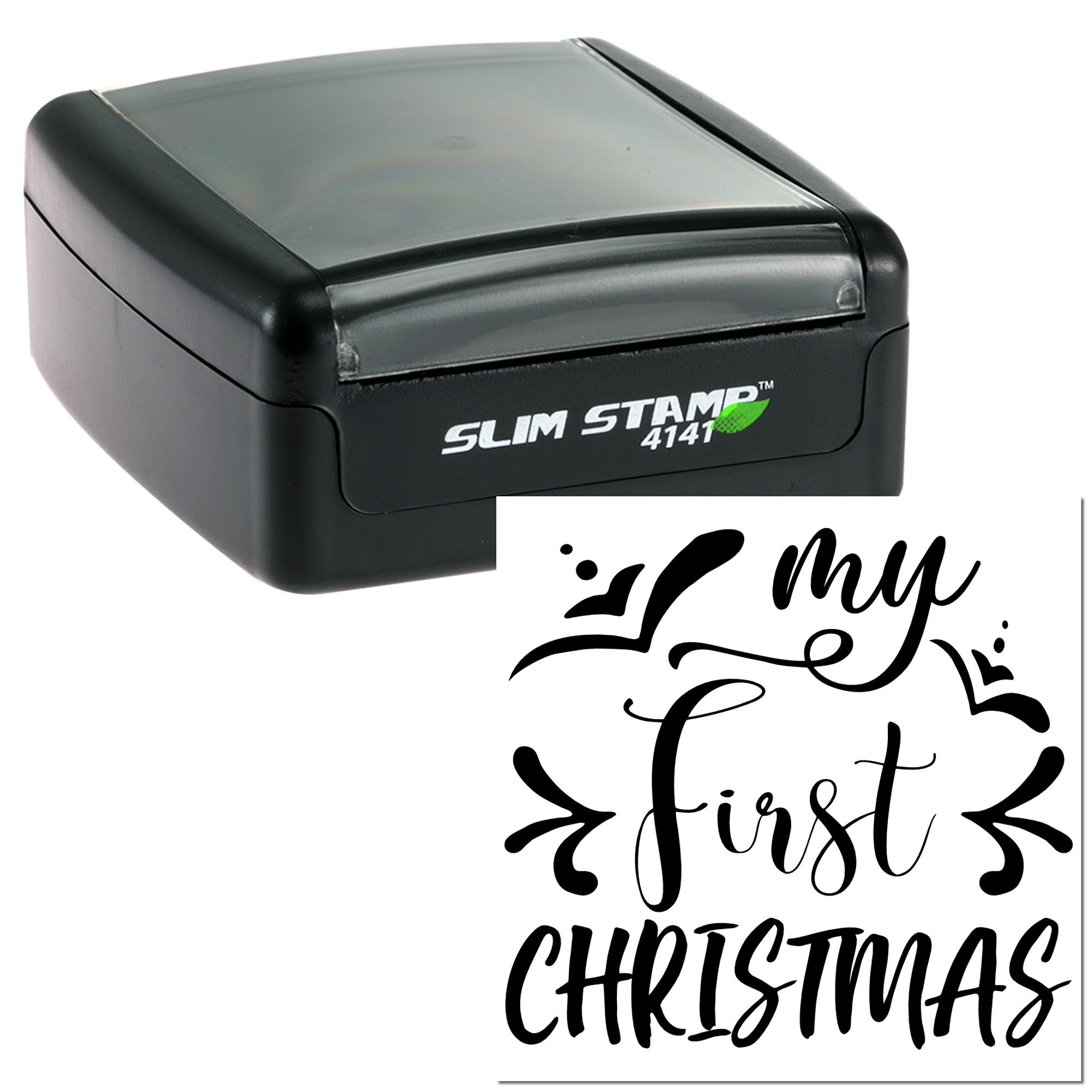Slim Stamp 4141 self-inking rubber stamp with My First Christmas design for holiday cards and first Christmas crafts.