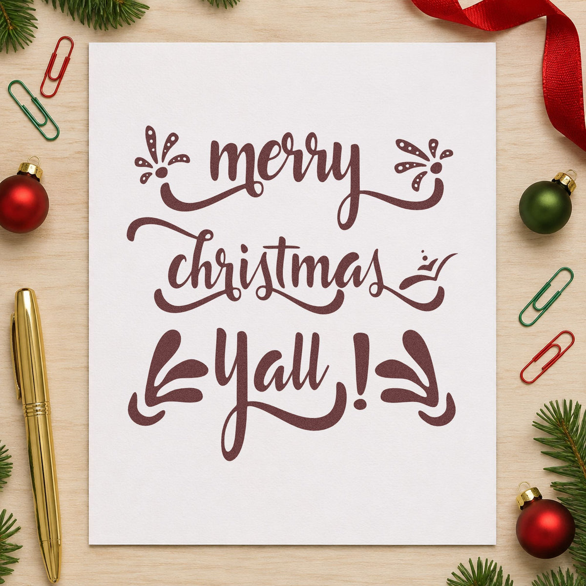 Merry Christmas Yall rubber stamp printed in brown ink, ready for bloom log sheet and similar paper crafts.