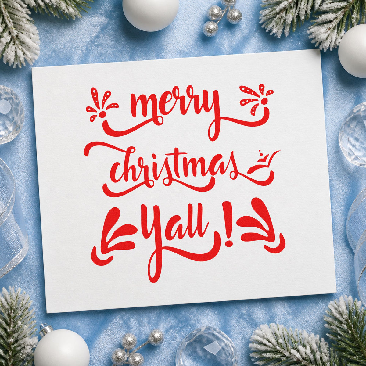 Merry Christmas Yall craft stamp in red ink on cardstock, an easy option for gardening glove ink.