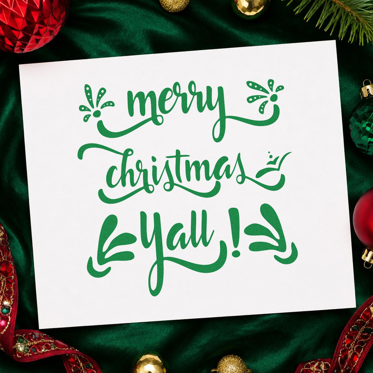 Merry Christmas Yall craft stamp imprint in green ink on a handmade project, one idea being club meeting programs.