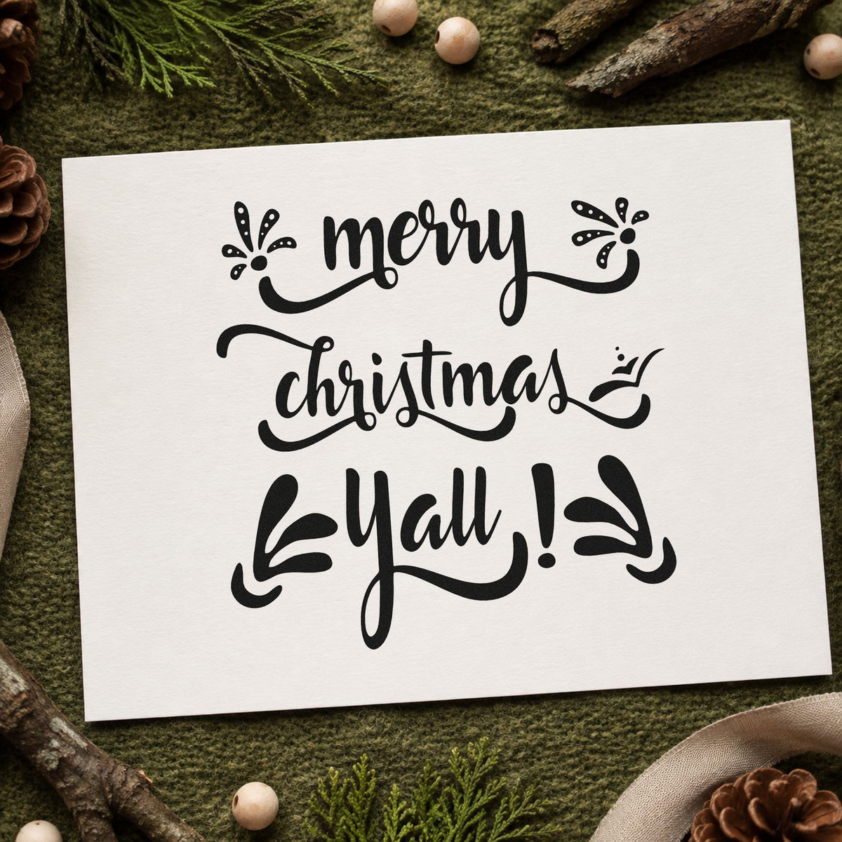 Merry Christmas Yall rubber stamp printed in black ink, ready for small flowers cards and similar paper crafts.