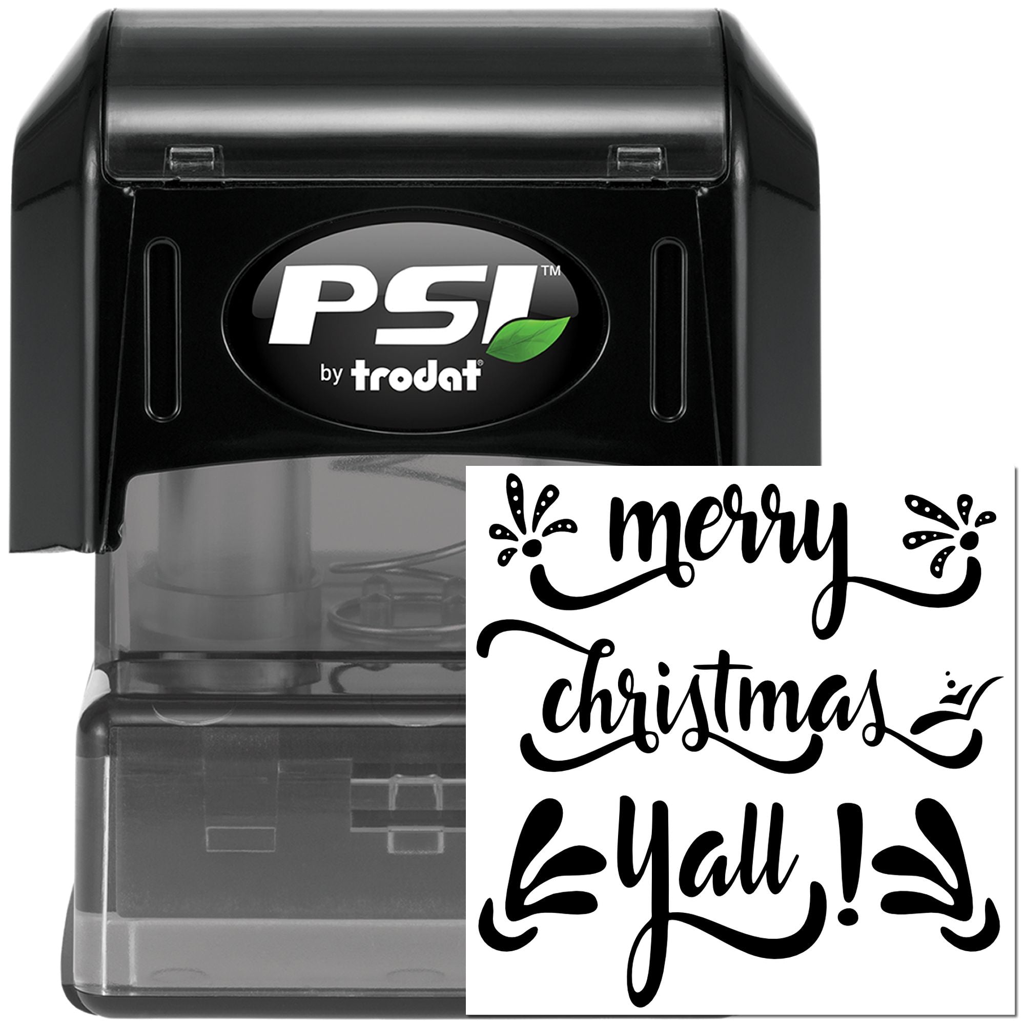 PSI by Trodat self-inking rubber stamp with Merry Christmas Yall design for holiday cards and festive packaging.