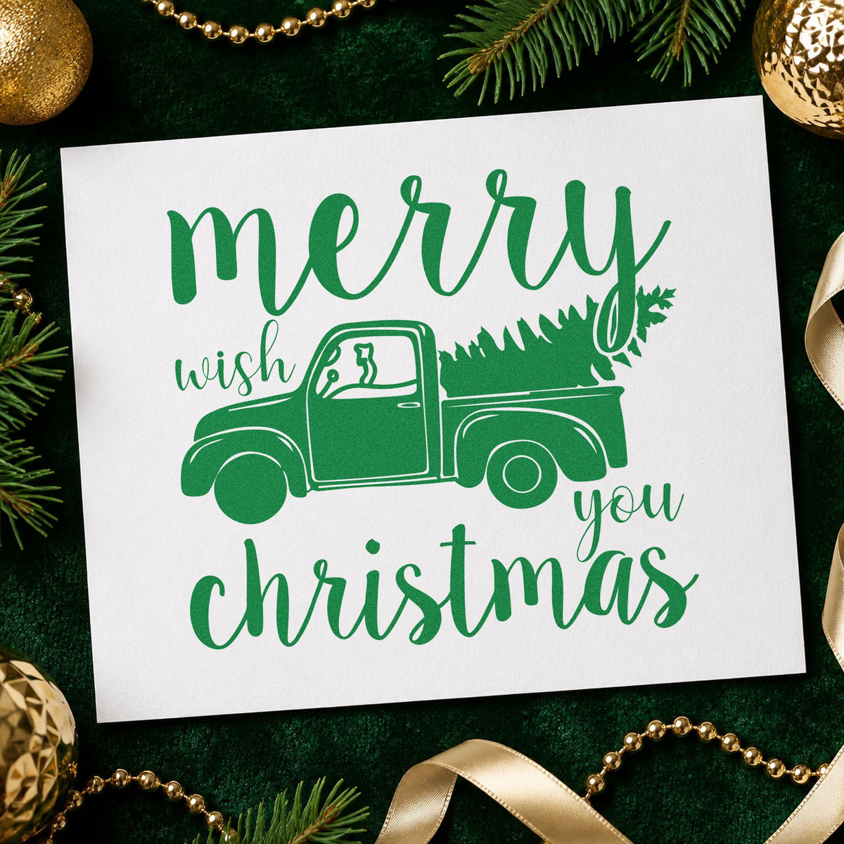 Merry Christmas Pickup Tree craft stamp imprint in green ink on a handmade project, one idea being order slip tags.