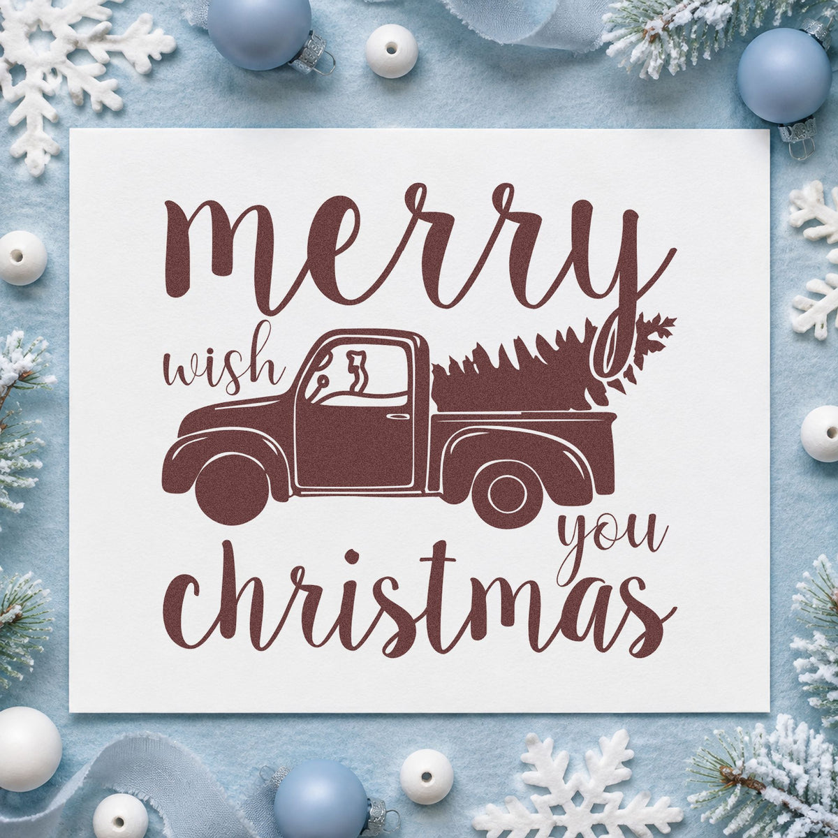 Merry Christmas Pickup Tree rubber stamp printed in brown ink, ready for route sheet header and similar paper crafts.