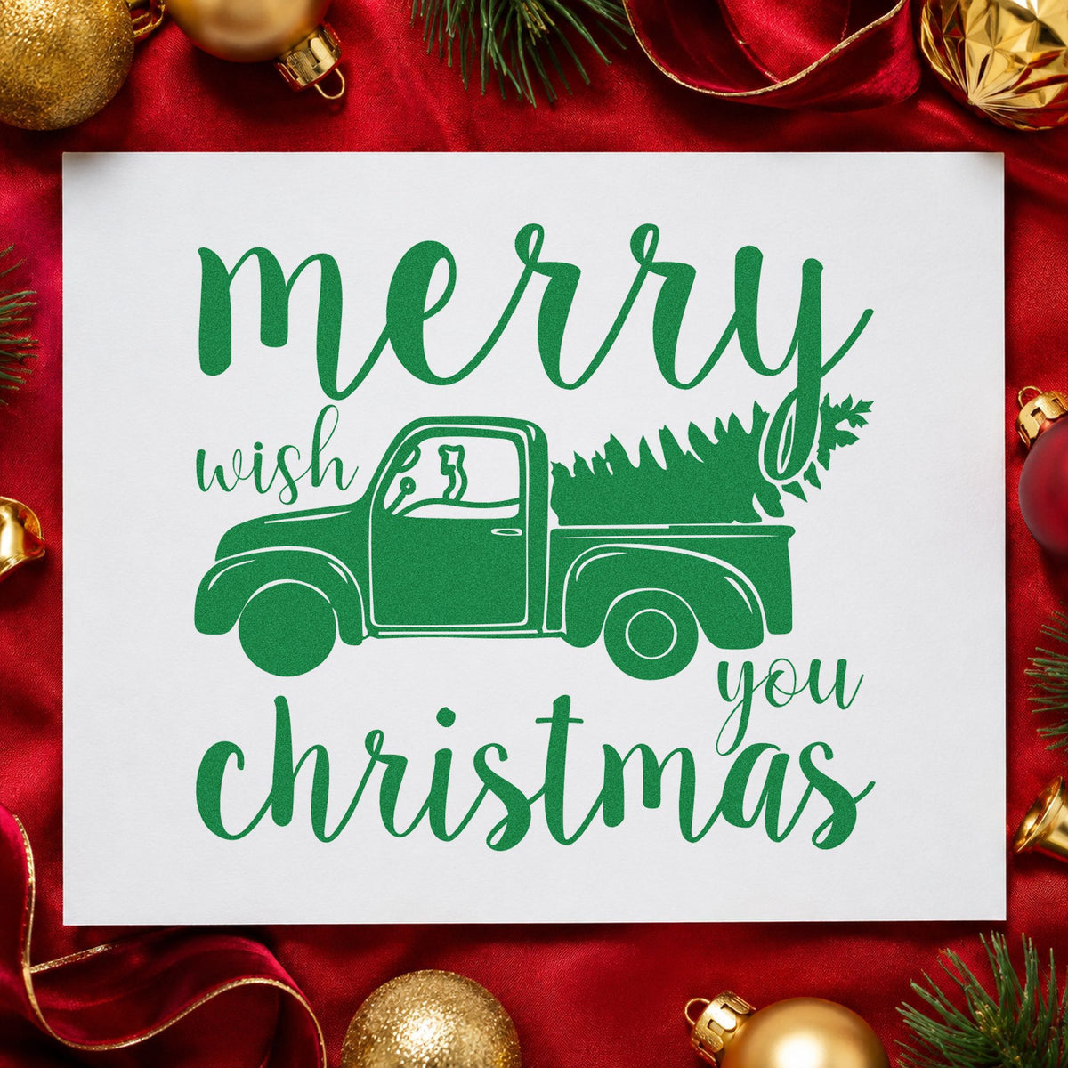 Merry Christmas Pickup Tree craft stamp imprinted in green ink on paper, a design suited to framed office trailer.