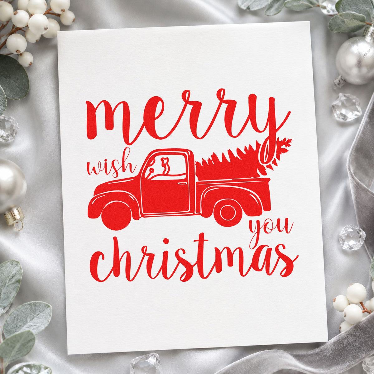Merry Christmas Pickup Tree rubber stamp shown in red ink, stamped for projects such as tie down bin labels.