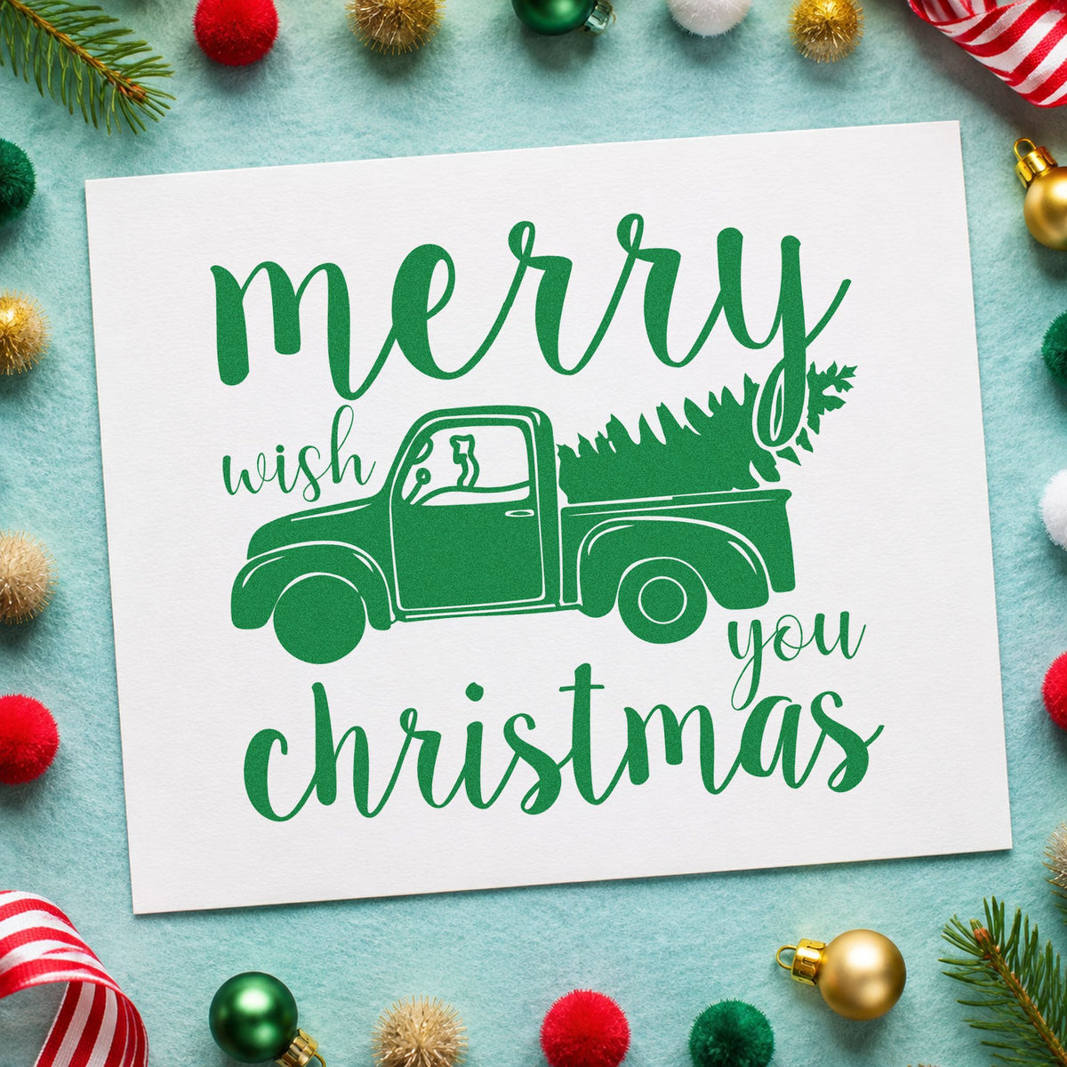 Merry Christmas Pickup Tree craft stamp imprint in green ink on a handmade project, one idea being pickup window placards.