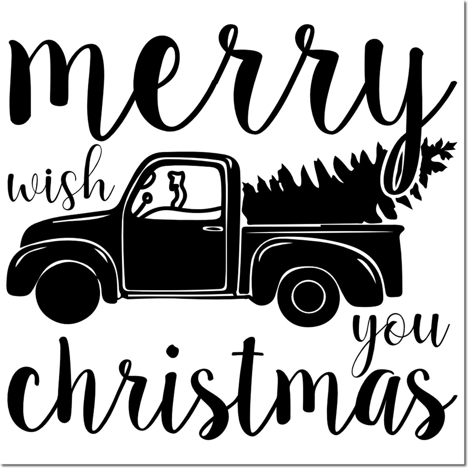 Merry Christmas rubber stamp design with vintage pickup truck carrying a tree for holiday cards, crafts, and gifts.