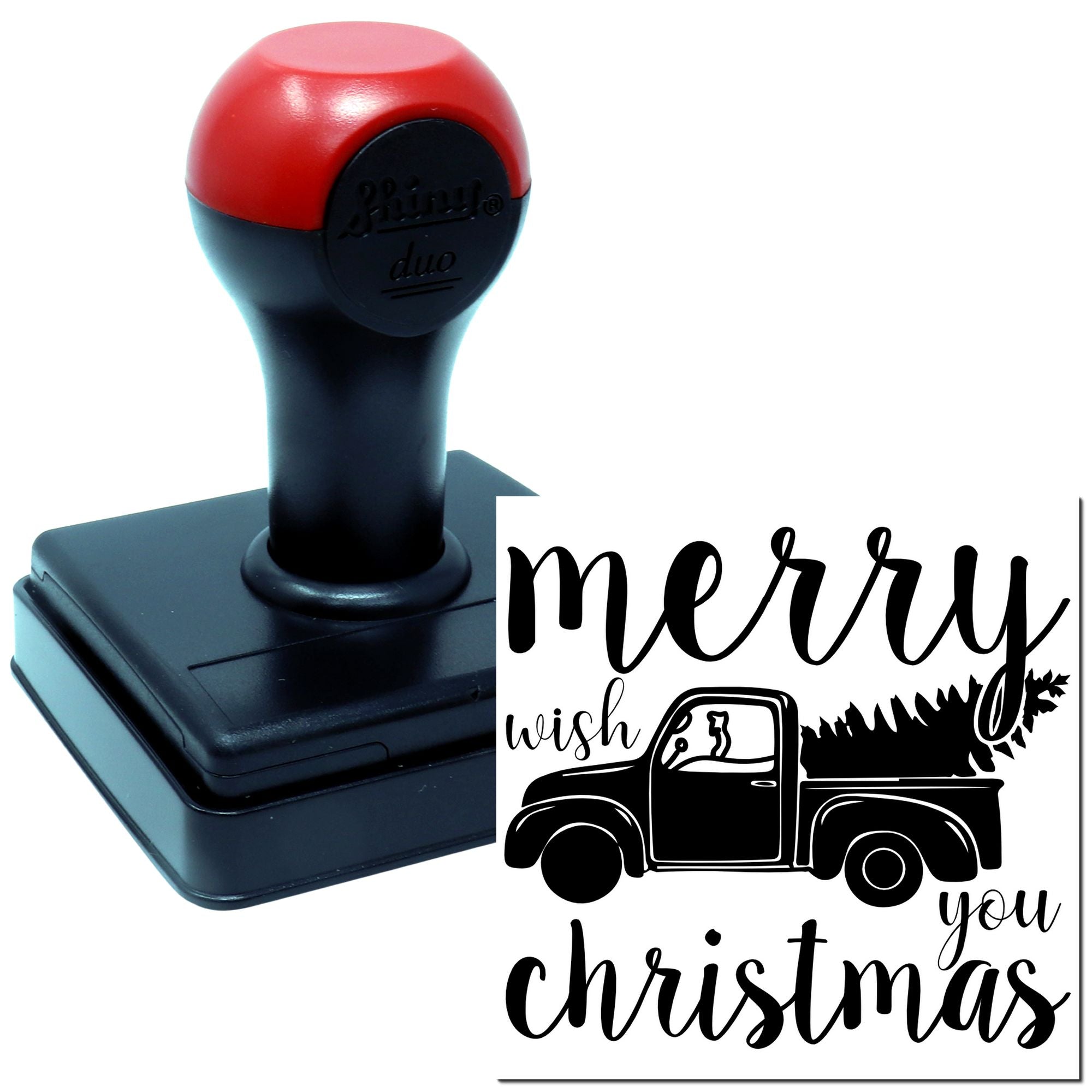 Personalized self-inking rubber stamp with Merry Christmas pickup truck design for holiday cards and packaging.