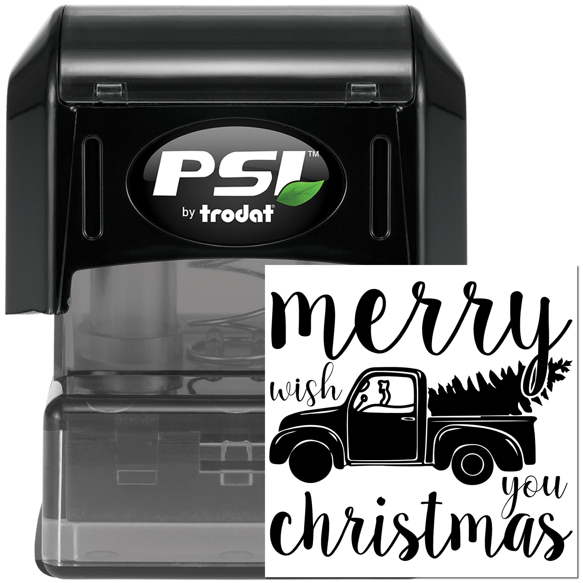 PSI by Trodat self-inking rubber stamp with Merry Christmas truck design for holiday cards, crafts, and gift packaging.