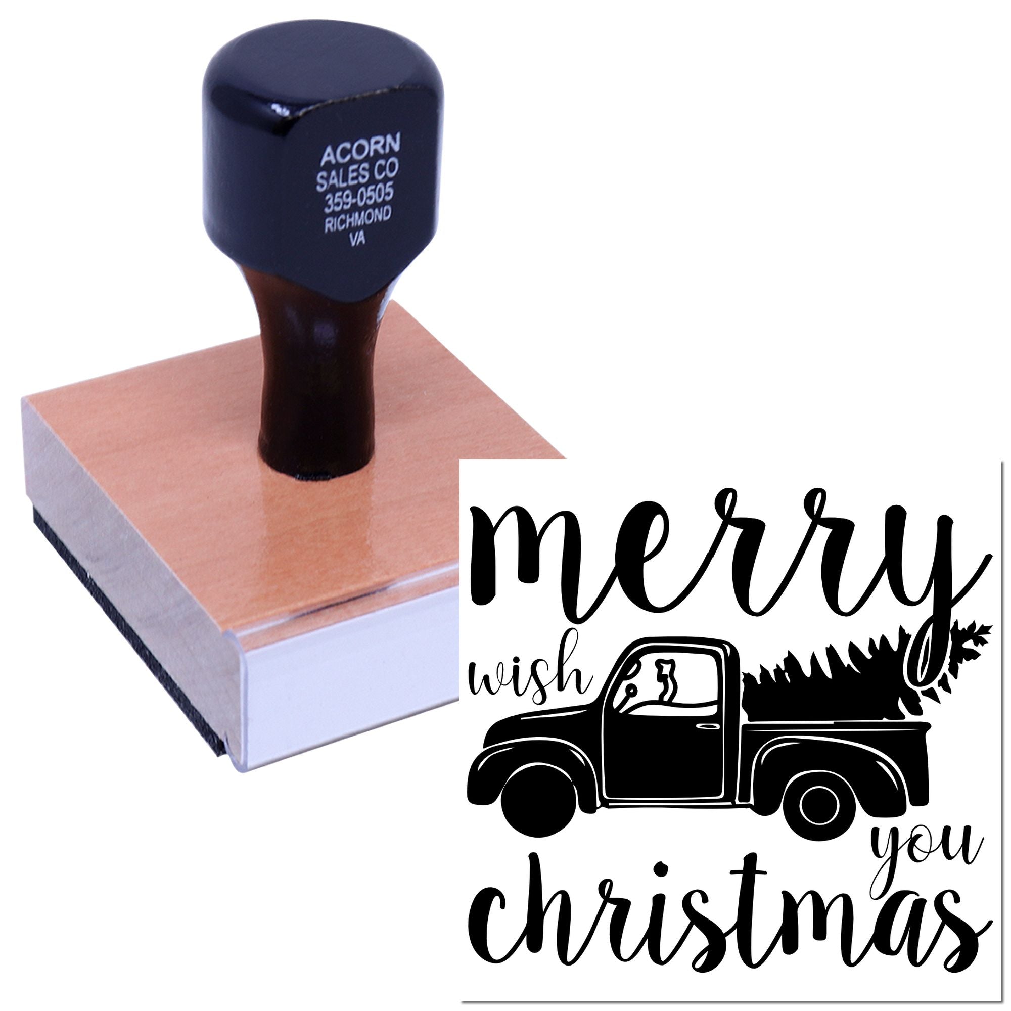 Custom Merry Christmas rubber stamp with vintage pickup truck and tree design, shown on a wooden block stamp for holiday crafts.