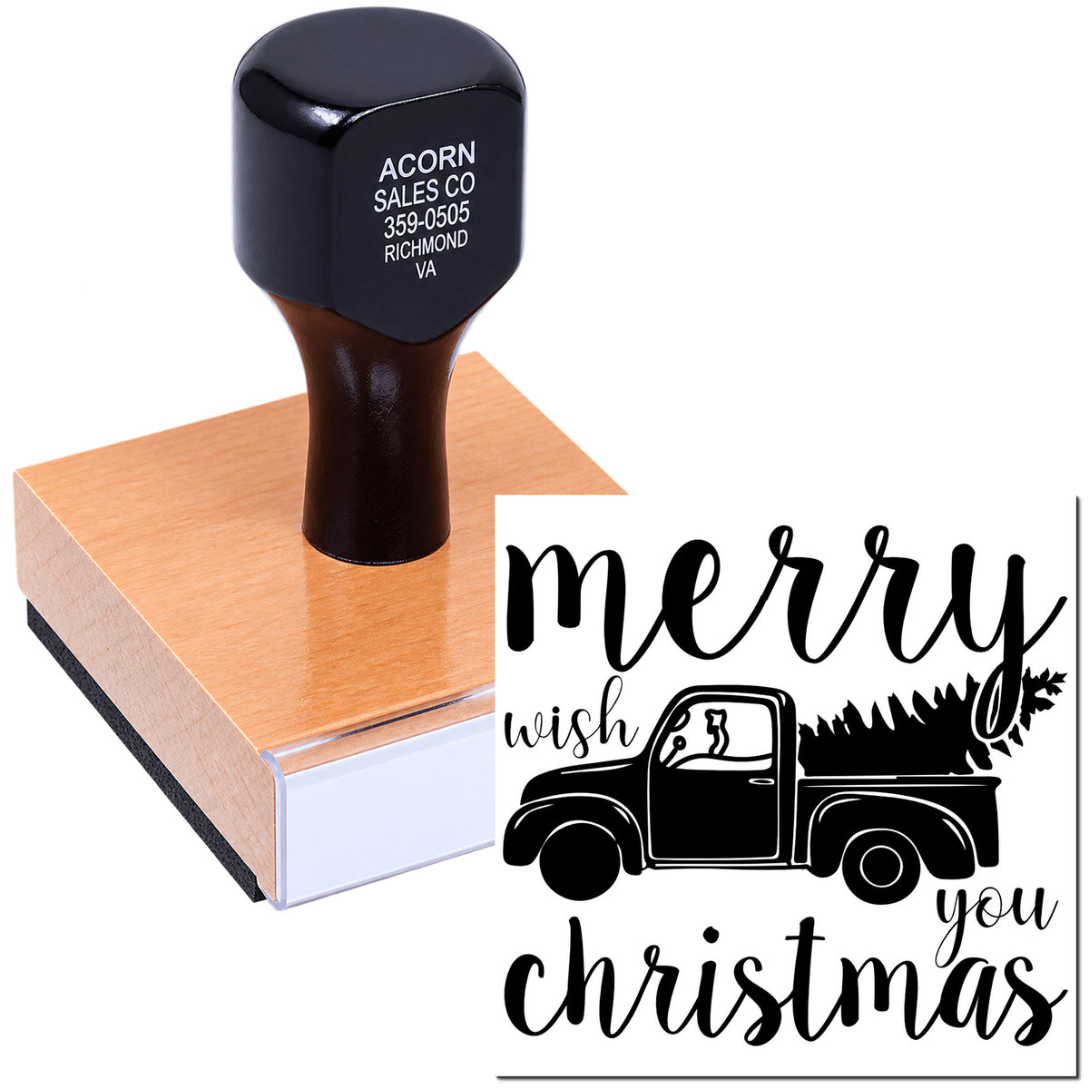 Custom Merry Christmas rubber stamp with vintage pickup truck and tree design, shown on a wooden block stamp for holiday crafts.