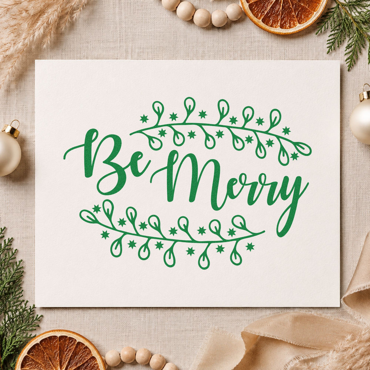 Be Merry Botanical Border craft stamp imprinted in green ink on paper, a design suited to framed botanical pair.