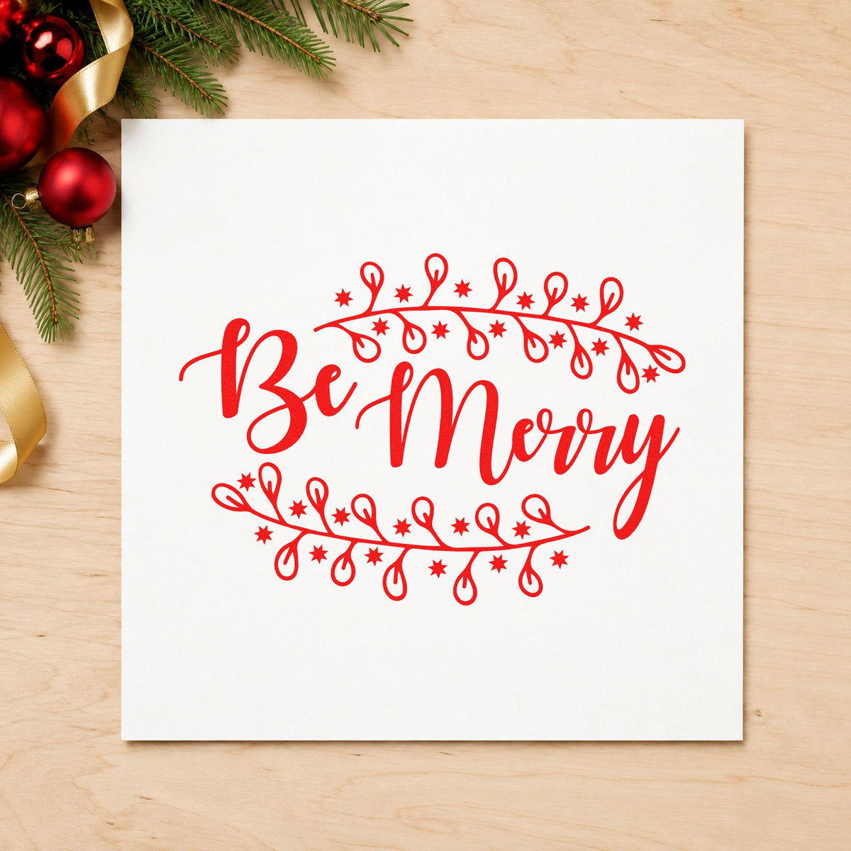 Be Merry Botanical Border rubber stamp shown in red ink, stamped for projects such as pot row labels.