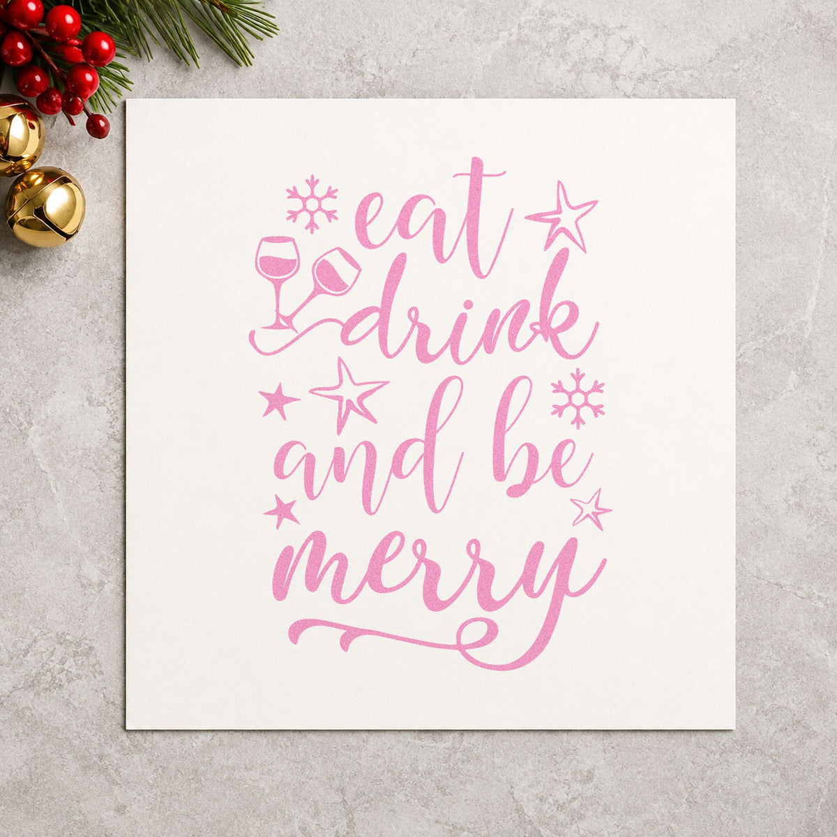 Eat Drink And Be Merry craft stamp in purple ink on cardstock, an easy option for dinner party album.