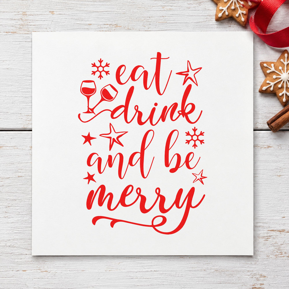 Eat Drink And Be Merry craft stamp in red ink on cardstock, an easy option for napkin ring printing.