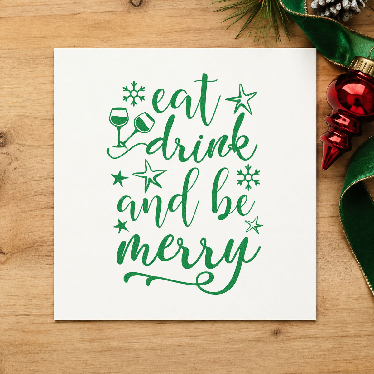 Eat Drink And Be Merry craft stamp imprint in green ink on a handmade project, one idea being seated dinner menus.