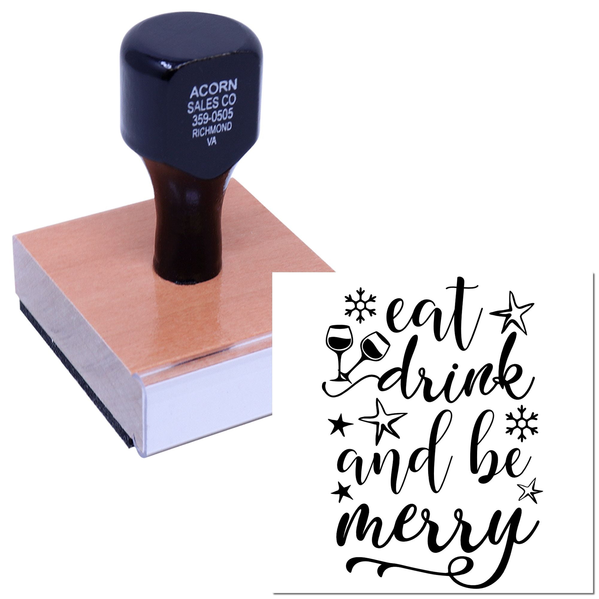 Custom self-inking rubber stamp with Eat, Drink and Be Merry holiday design for Christmas cards, party favors, and crafts.