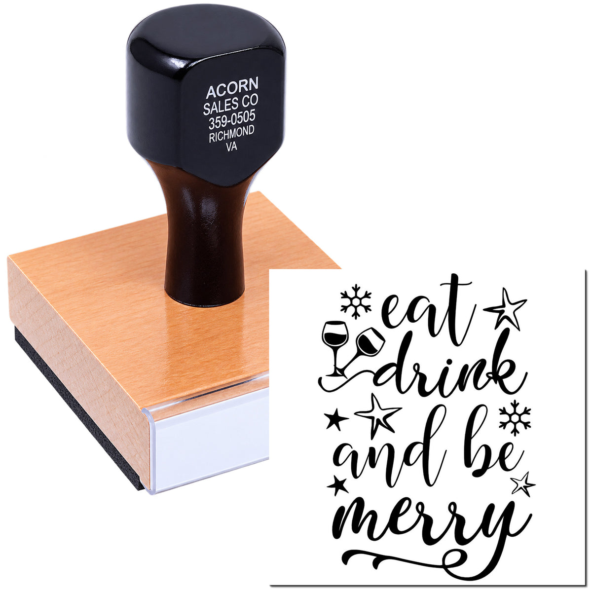 Custom self-inking rubber stamp with Eat, Drink and Be Merry holiday design for Christmas cards, party favors, and crafts.